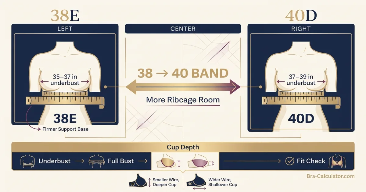 38E vs 40D measurement logic diagram showing band starting point and cup-volume comparison