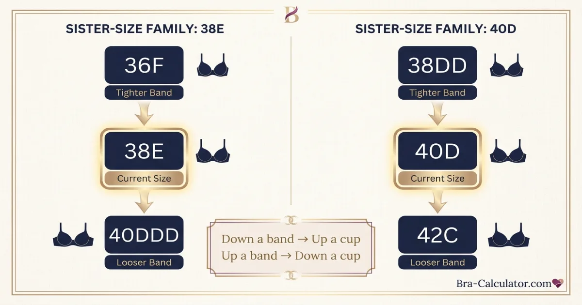 38E vs 40D sister size guide showing tighter-band and looser-band alternatives