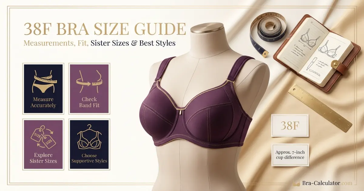 38F bra size guide hero graphic with measurement tape and navy gold branding