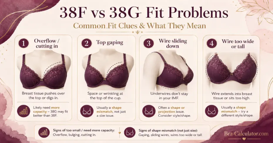 Common 38F vs 38G fit problems including gaping overflow and wire issues