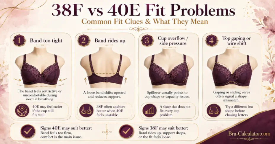 Common 38F vs 40E fit problems including gaping overflow and wire issues
