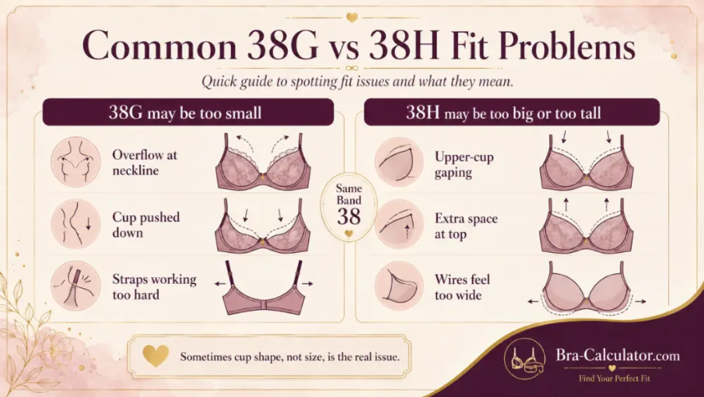 Common 38G vs 38H fit problems including gaping overflow and wire issues