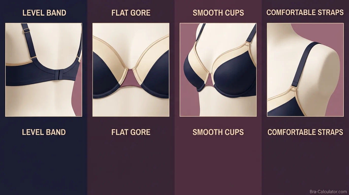 Australian bra fit check showing a level band flat centre gore smooth cups and comfortable straps
