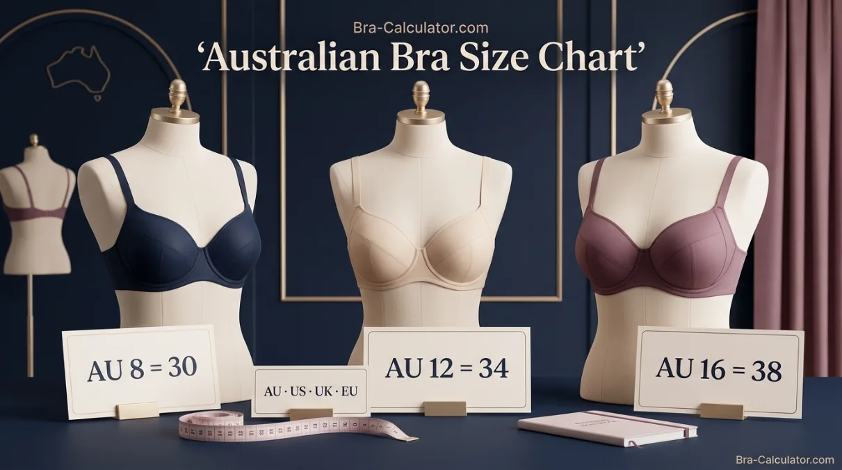 Australian bra size chart showing AU 8 12 and 16 conversions to US UK and EU sizes