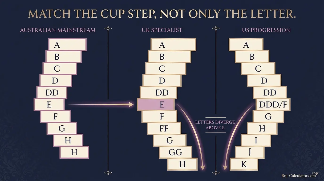 Australian cup size conversion chart comparing AU UK and US cup letter sequences above DD