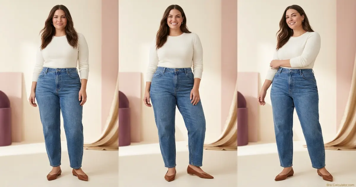 Curvy woman wearing high-rise barrel-leg jeans with a fitted top, demonstrating balanced 2026 denim styling