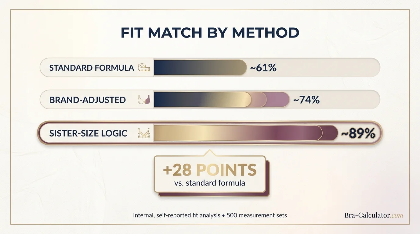Bra size calculator accuracy comparison showing standard formula versus sister-size logic fit match rates