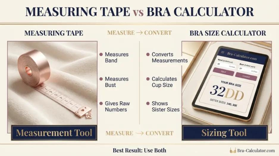 Measuring tape and bra size calculator side by side comparison for accurate sizing