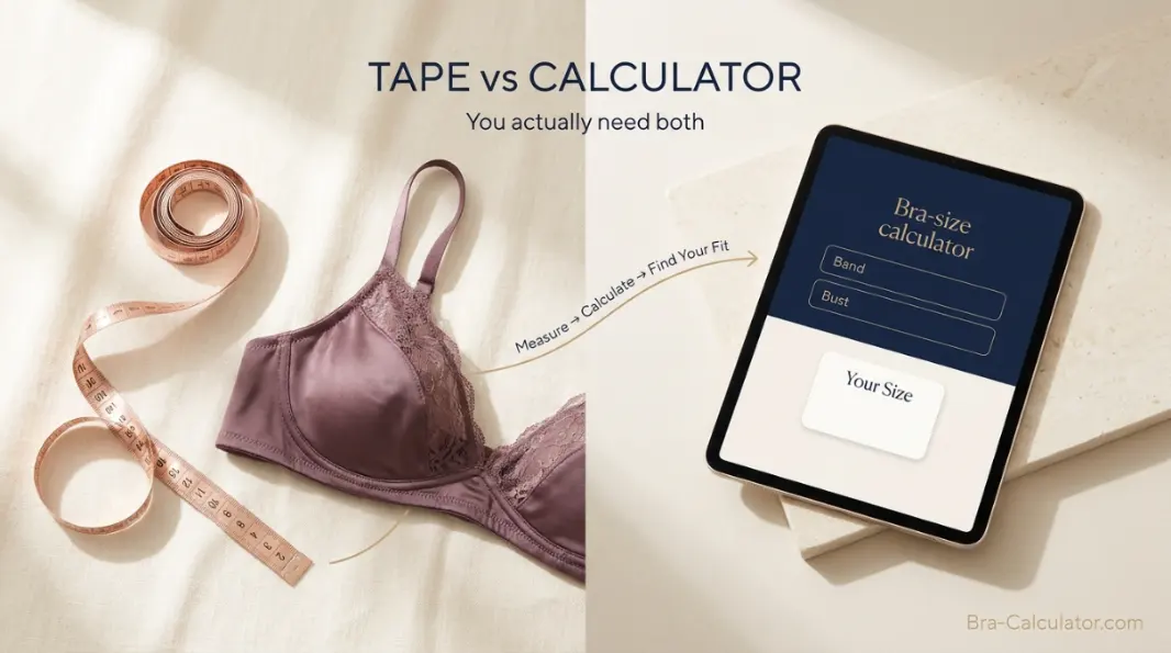 Bra size calculator vs measuring tape showing how measurements become a bra size