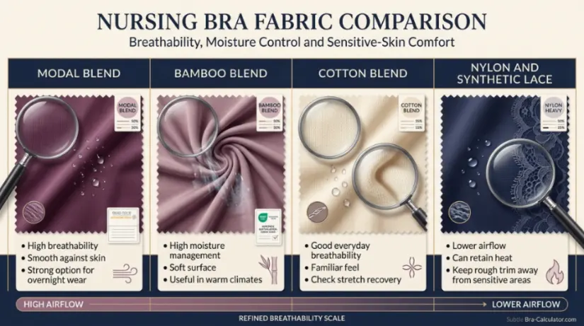 Bar chart comparing breathability scores of modal/bamboo blend, cotton blend, nylon/spandex heavy, and synthetic lace trim fabrics for nursing bras