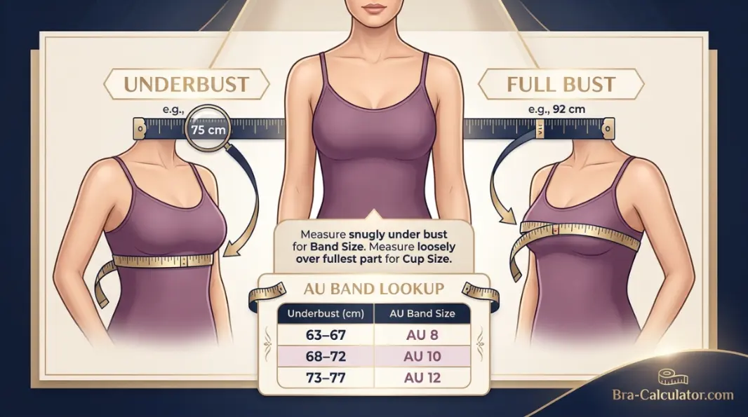 How to measure Australian bra size using underbust and fullest bust measurements in centimetres