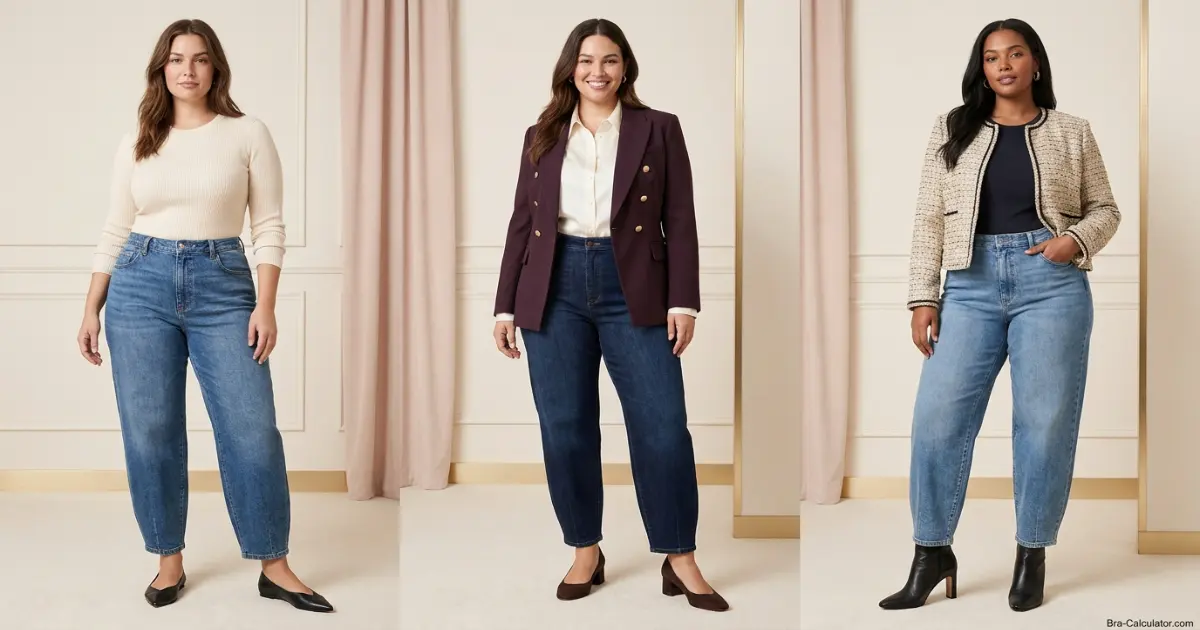 Curvy woman styling barrel leg jeans three ways with a fitted top and blazer