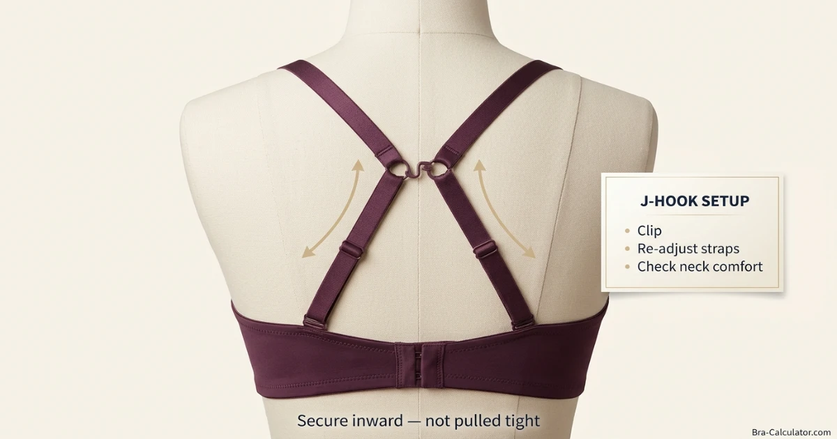 J-hook bra after clipping and strap re-adjustment, with the straps moved inward comfortably without sharp neck pull