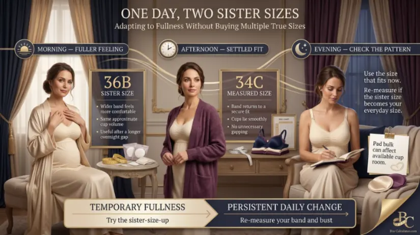 Nursing bra sister-size timeline from fuller morning to settled afternoon