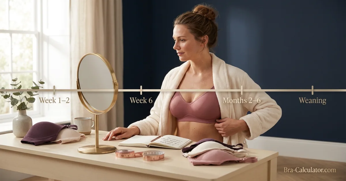 Postpartum nursing bra sizing timeline from early weeks through weaning
