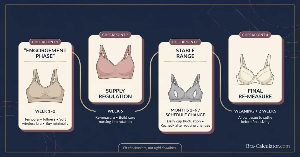 Timeline diagram showing nursing bra sizing checkpoints from week 1 to weaning