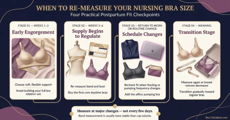 Timeline diagram showing nursing bra resizing stages from engorgement through weaning