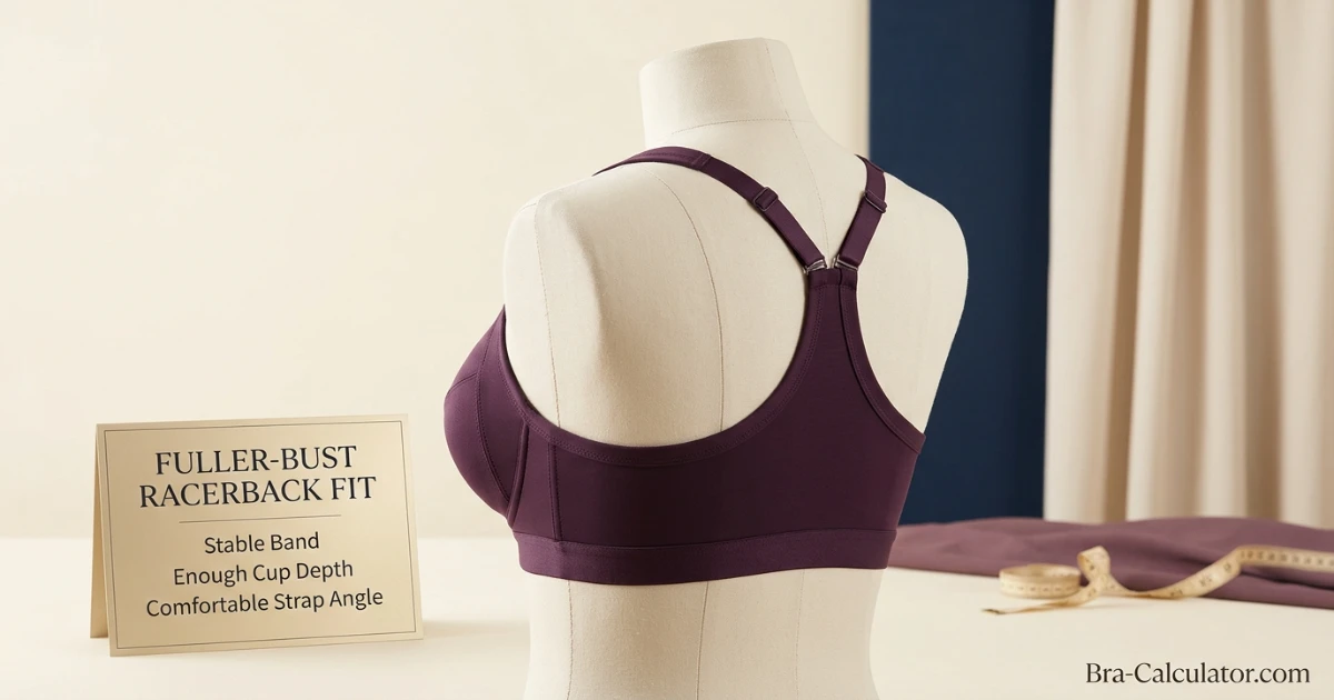 Fuller-bust racerback bra fit showing a level band, contained cups and centered straps