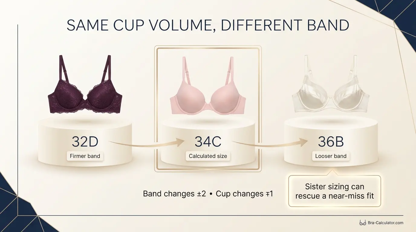 Sister size comparison showing 32D 34C and 36B with equivalent cup volume across different band sizes