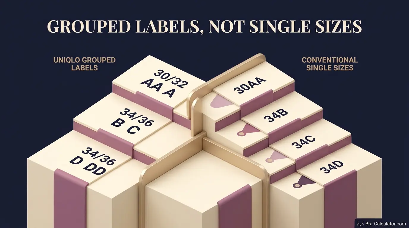 UNIQLO 3D Hold US bra size chart comparing grouped band and cup labels across sizes
