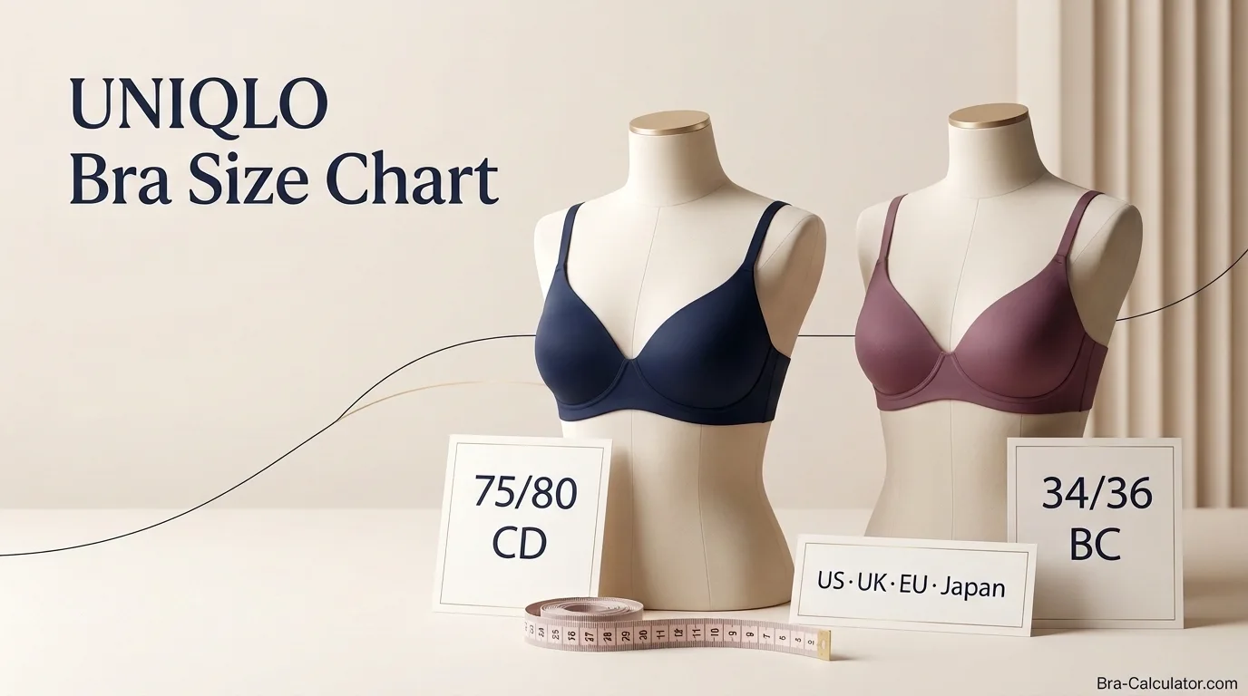 UNIQLO bra size chart showing 75 80 CD and 34 36 BC grouped size conversions to US UK and Japan