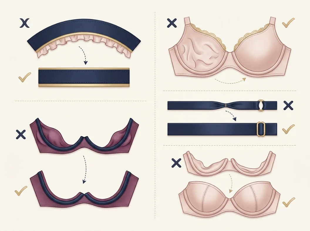 Bra fit comparison visual used to check band position cup containment straps and overall support
