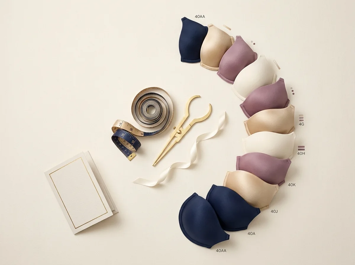 40 band bra size family overview image showing cup progression from 40AA to 40K with bra fitting and measurement styling
