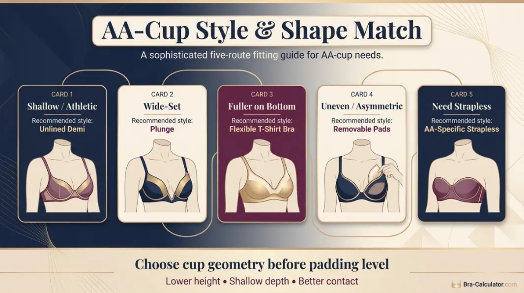 AA cup bra style shape match showing demi wireless T-shirt plunge strapless and light push up options