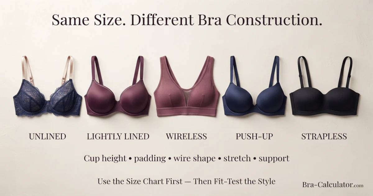 Aerie bra fit style guide comparing unlined lightly lined wireless push up and strapless constructions