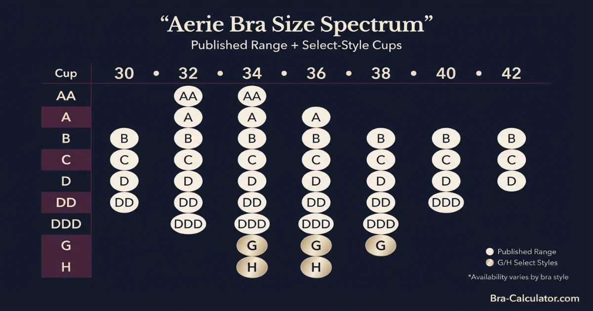 Aerie bra size spectrum guide showing band sizes 30 to 42 and cup sizes AA through H