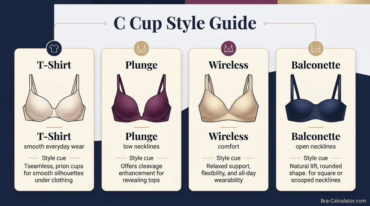 c cup bra style comparison guide showing plunge wireless balconette and t-shirt bra options