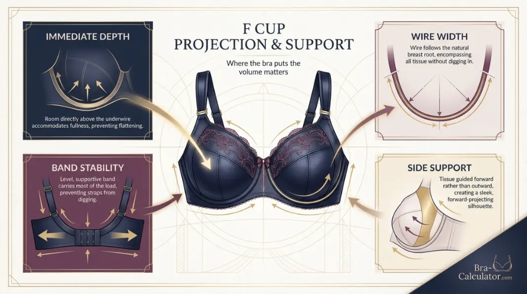 F cup projection support guide comparing immediate depth wire width side support and band stability