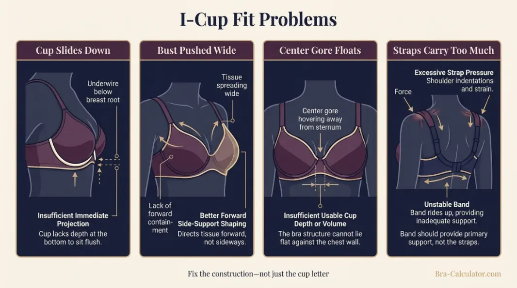 I cup bra fit problems showing shallow cups side spread floating gore and strap pressure
