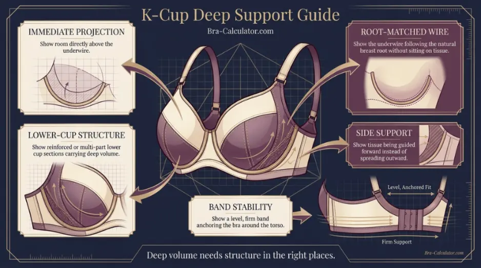 K cup deep support guide showing immediate projection side support wire width band stability and cup containment