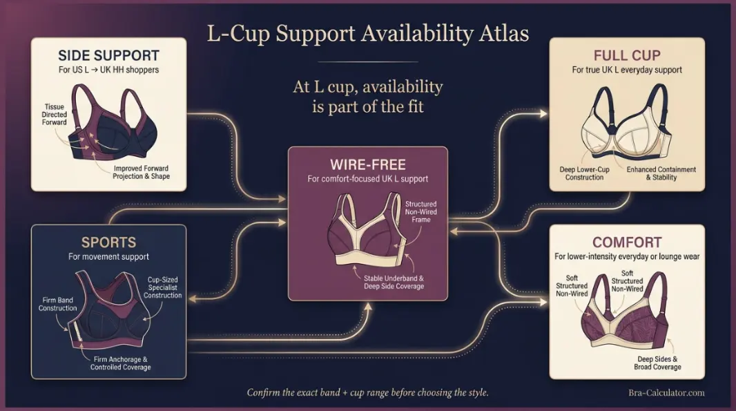 L cup bra support availability guide showing side support full cup wireless sports and comfort options