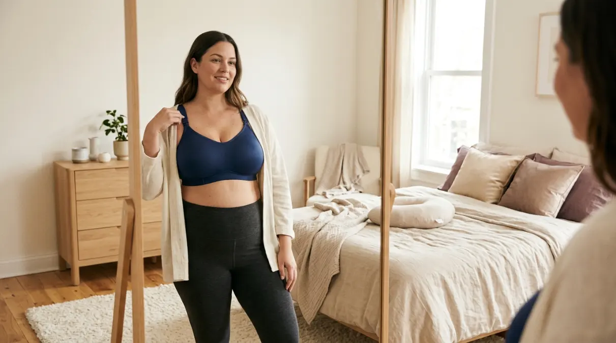 Bar chart comparing band reinforcement, strap width, cup structure, pumping access, and overnight comfort between standard and full-bust nursing bra lines