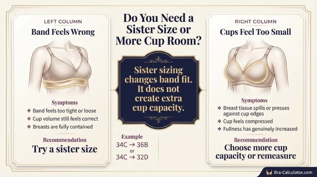Visual diagram showing sister sizes 32C, 34B and 36A sharing approximately the same cup volume