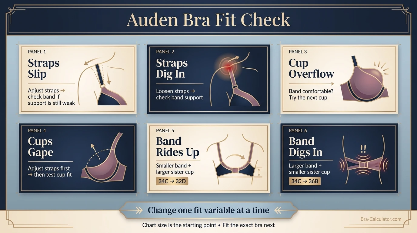 Target Auden bra fit issues guide showing cup overflow gaping band ride up and strap problems