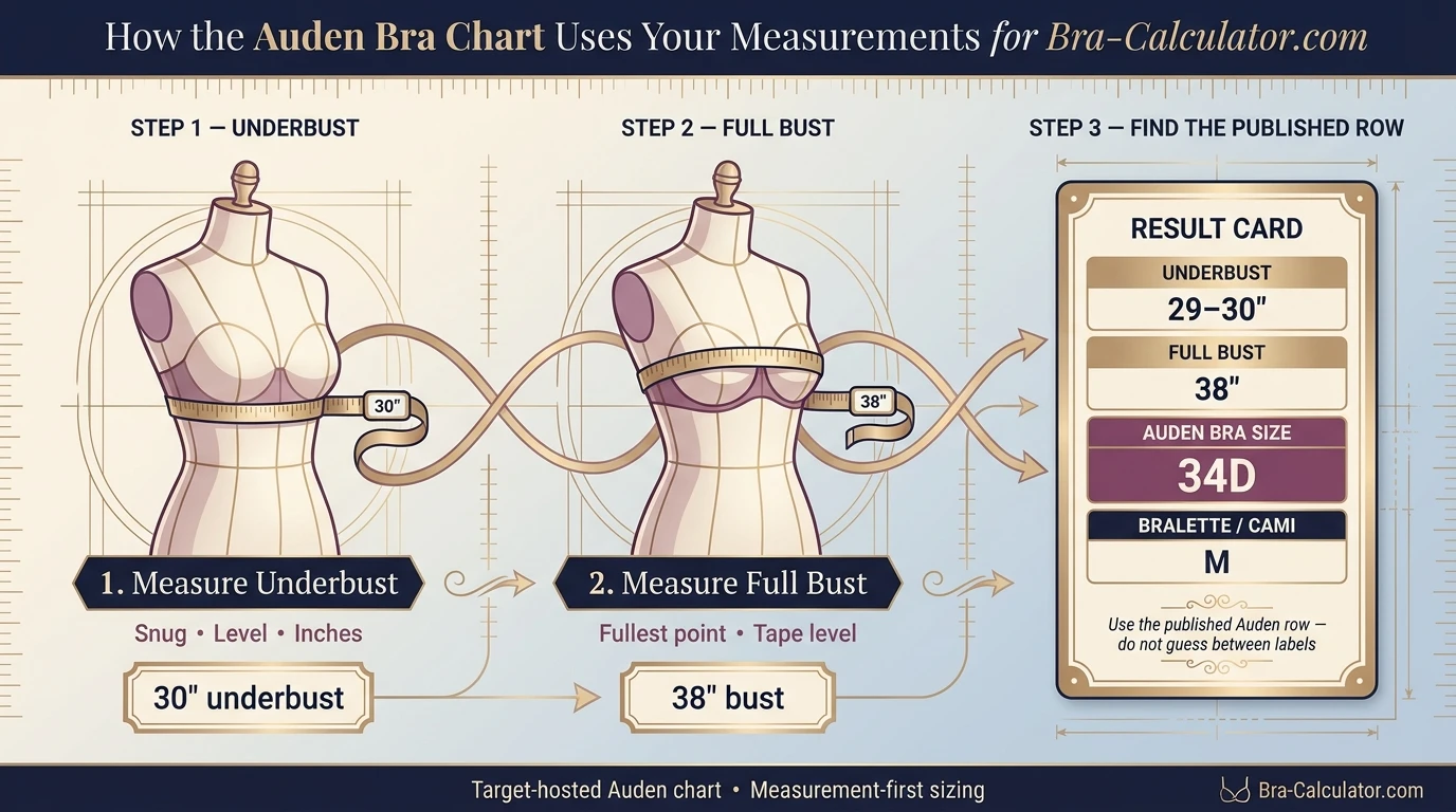 Target Auden bra measurement guide showing underbust full bust and bra size mapping