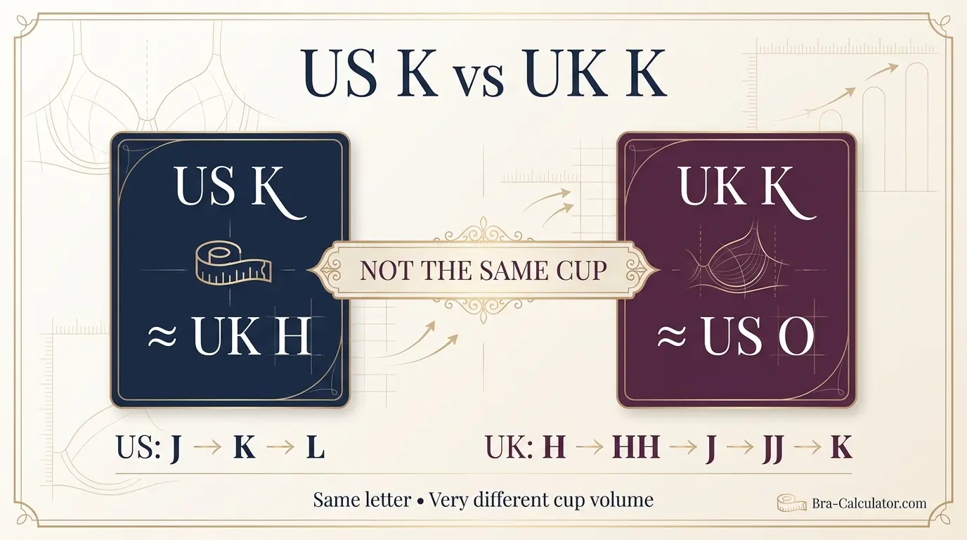 US K versus UK K bra size conversion showing US K equals UK H and UK K is much larger