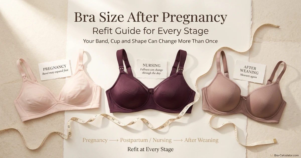 Post pregnancy bra size guide with a nursing bra and measuring tape for refitting through postpartum, nursing and weaning
