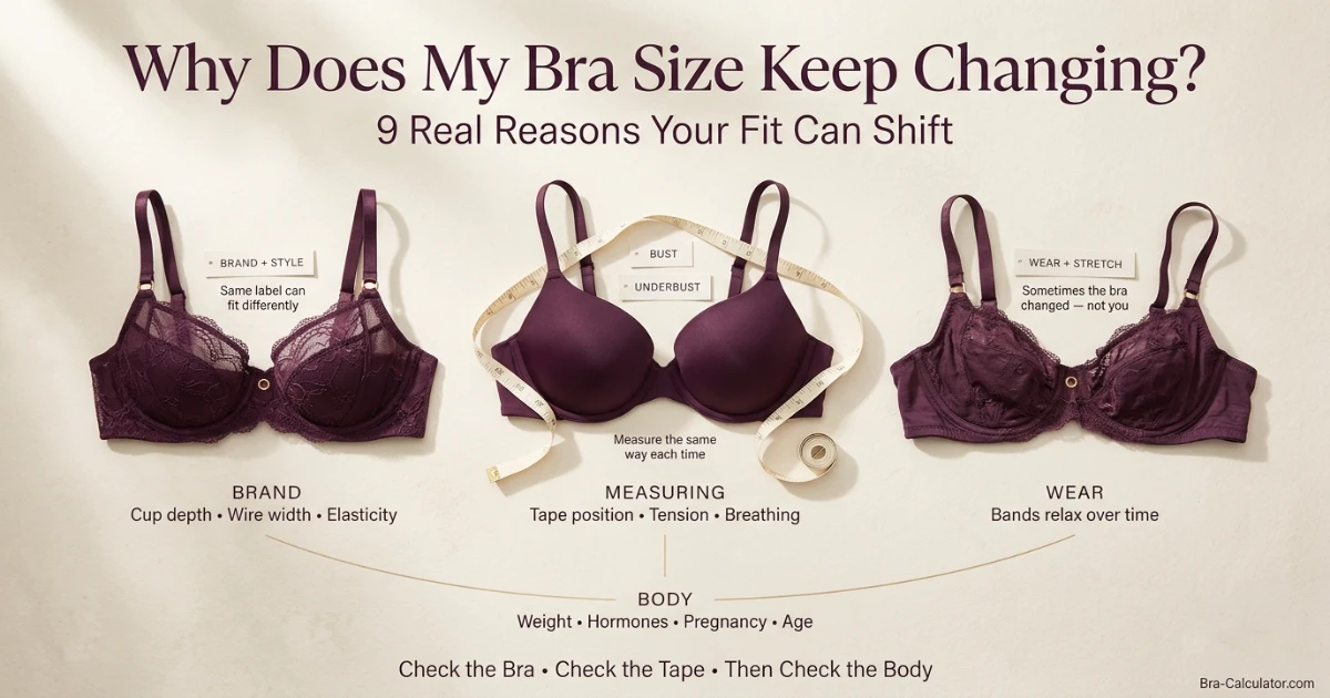 Why does my bra size change? Bras and a measuring tape showing body, measuring, brand and wear-related fit changes