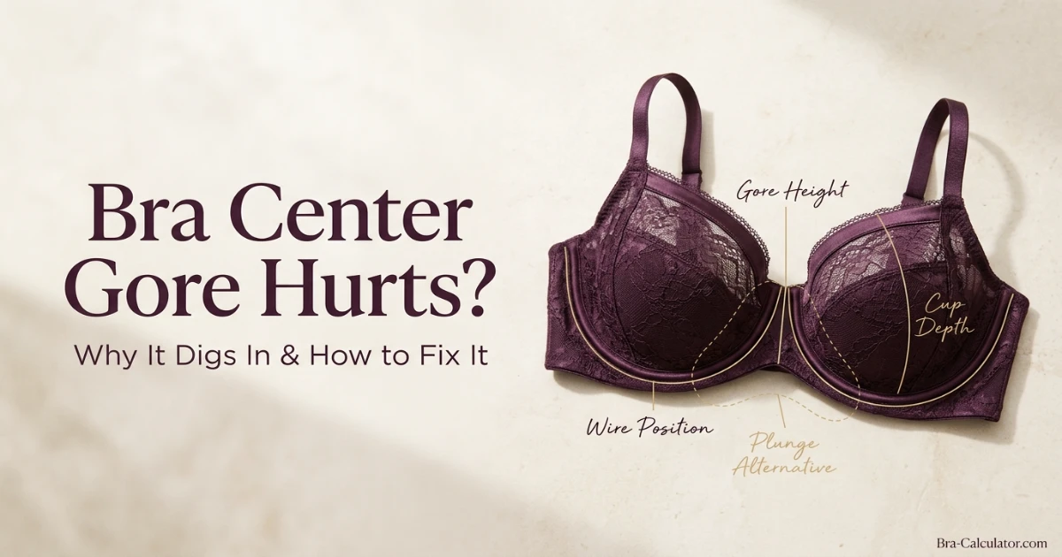 Bra center gore hurts guide showing a deep plum underwire bra with center gore height, cup depth and sternum pressure fit checks