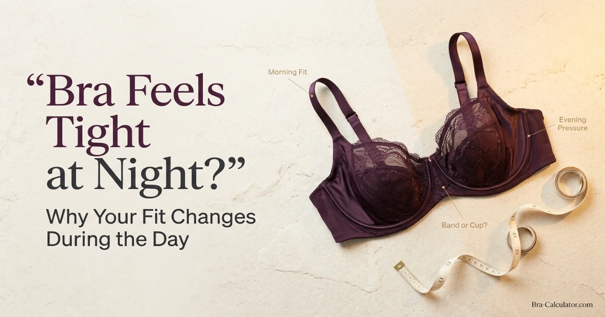 Bra feels tight at night guide with a deep plum bra, measuring tape and day-to-evening fit check