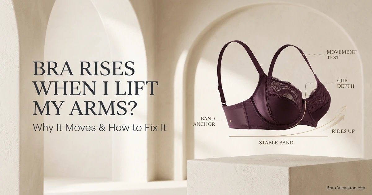 Bra rises when I lift my arms guide showing a stable level band, cup support and an arms-up movement fit check