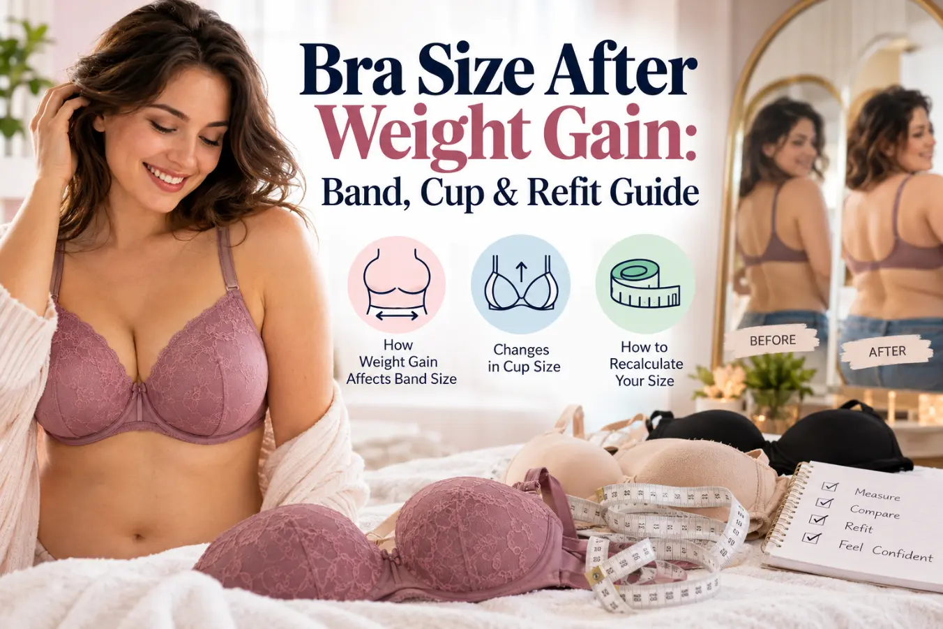 Soft measuring tape around a bra band showing how bra fit changes after weight gain