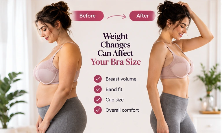 Before and after bra fit illustration showing how band and cup needs may change after weight change