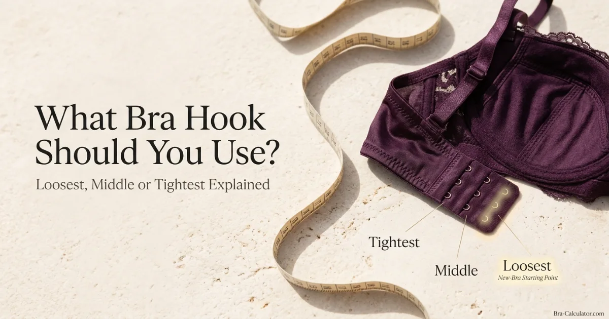 What bra hook should I use guide showing a deep plum bra band with loosest middle and tightest hook positions